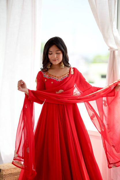 Red Faux Georgette Seven Meter Flared Embroidered Gown Set