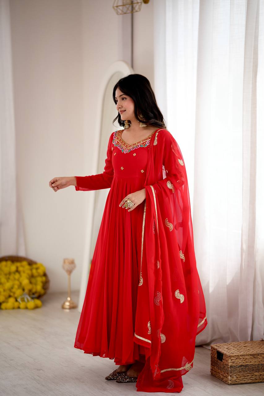 Red Faux Georgette Seven Meter Flared Embroidered Gown Set