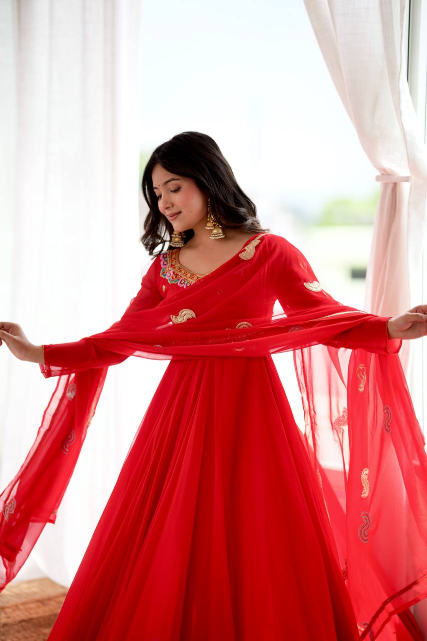Red Faux Georgette Seven Meter Flared Embroidered Gown Set