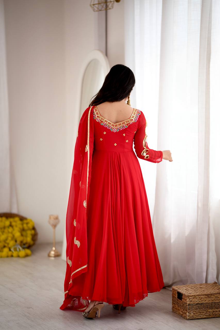 Red Faux Georgette Seven Meter Flared Embroidered Gown Set