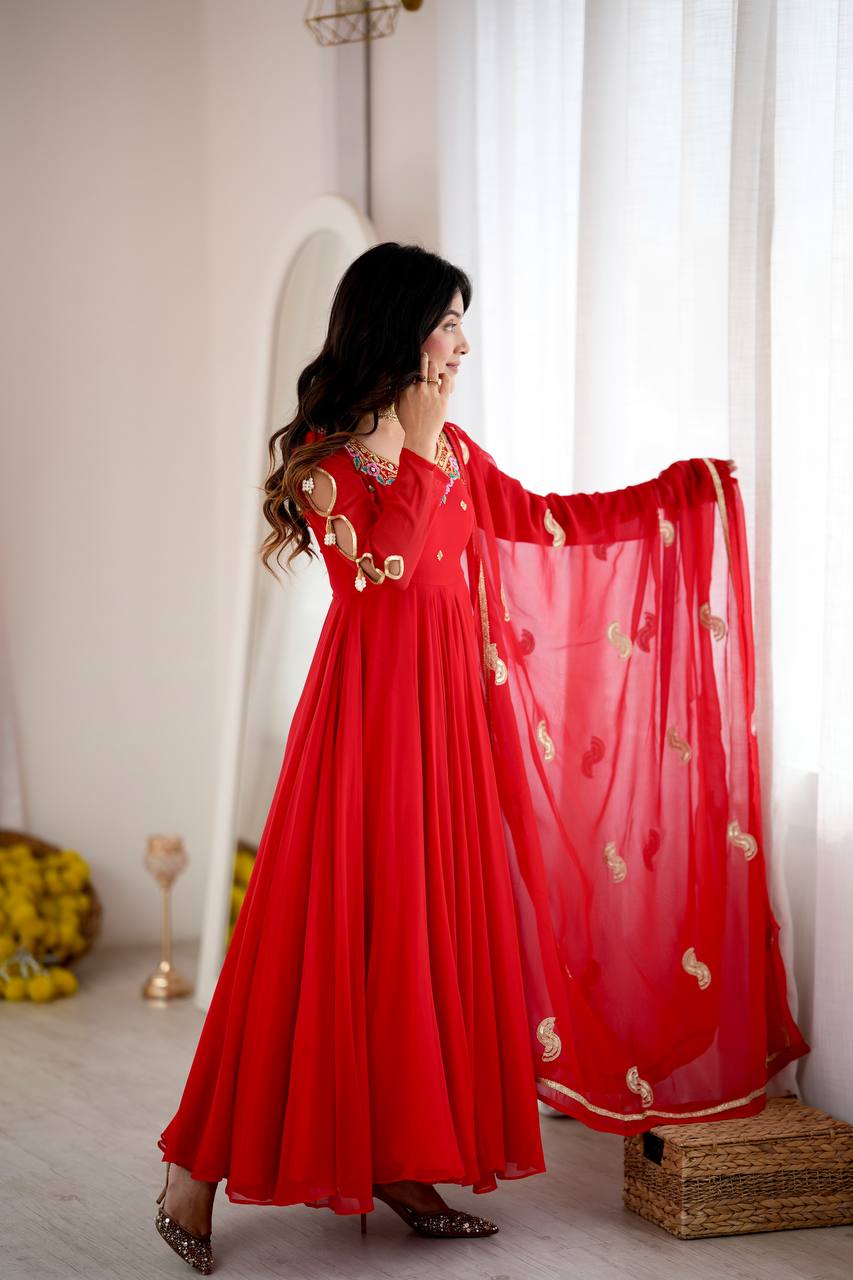 Red Faux Georgette Seven Meter Flared Embroidered Gown Set