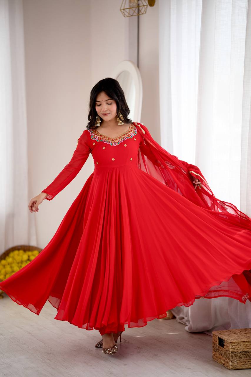 Red Faux Georgette Seven Meter Flared Embroidered Gown Set