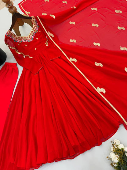 Red Faux Georgette Seven Meter Flared Embroidered Gown Set