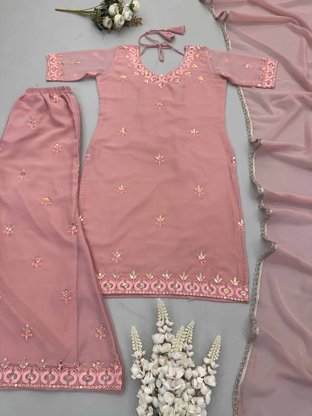 Dusty Rose Pink Fox Georgette Embroidered Sequence Work Sharara Plazzo Set