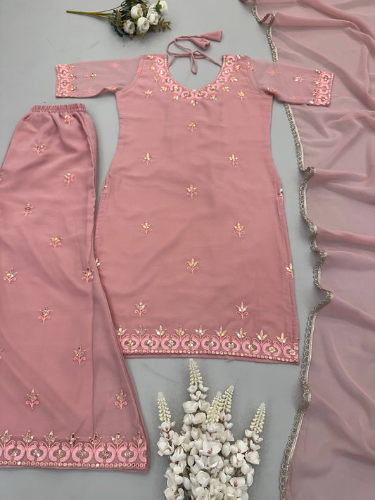 Dusty Rose Pink Fox Georgette Embroidered Sequence Work Sharara Plazzo Set