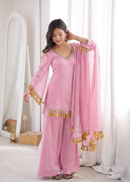 Baby Pink Doremon Crush Mirror Work Lace Border Ethnic Wear Set