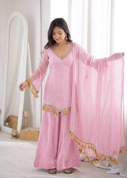 Baby Pink Doremon Crush Mirror Work Lace Border Ethnic Wear Set