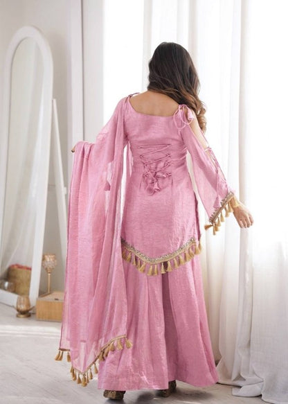 Baby Pink Doremon Crush Mirror Work Lace Border Ethnic Wear Set
