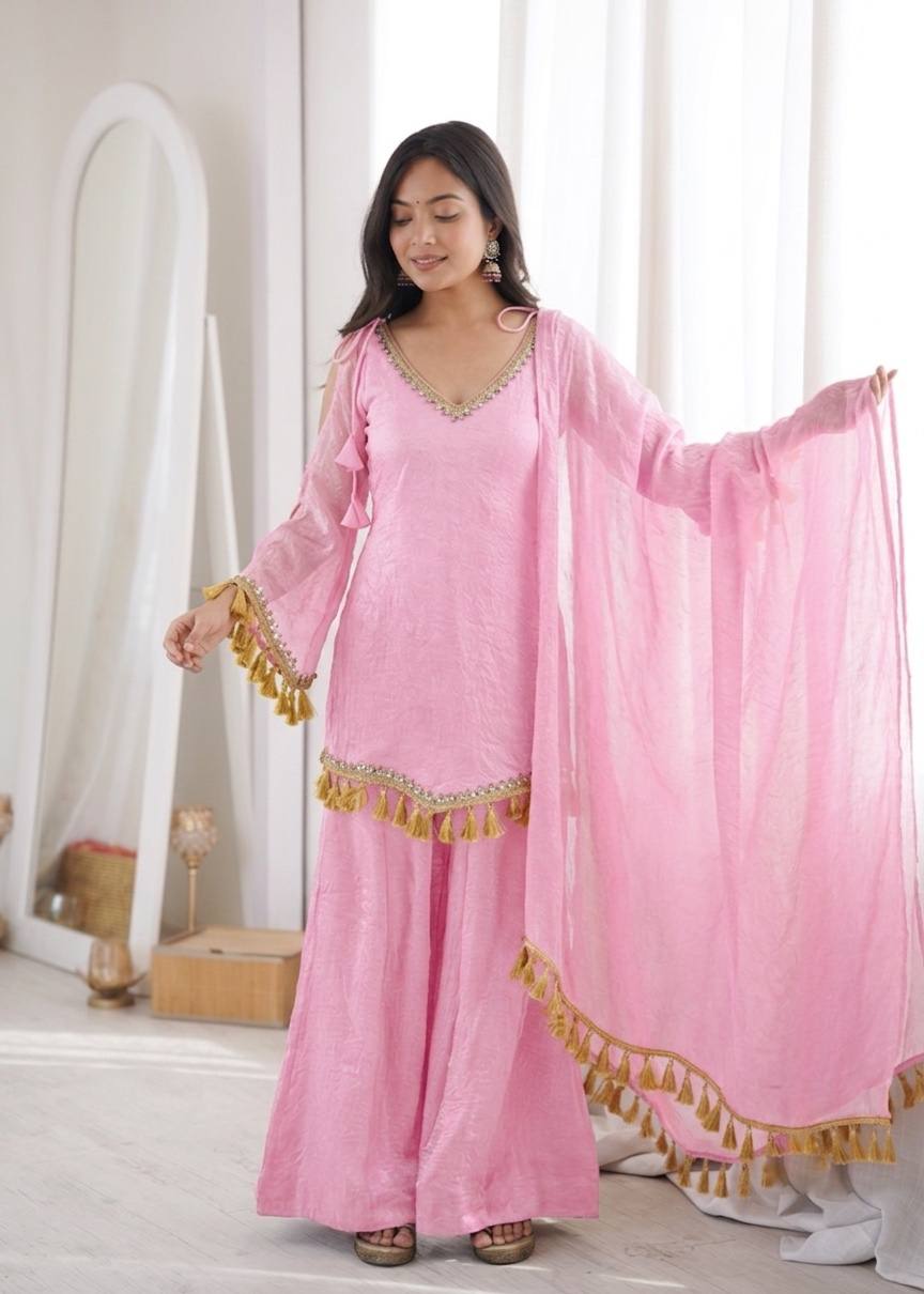 Baby Pink Doremon Crush Mirror Work Lace Border Ethnic Wear Set