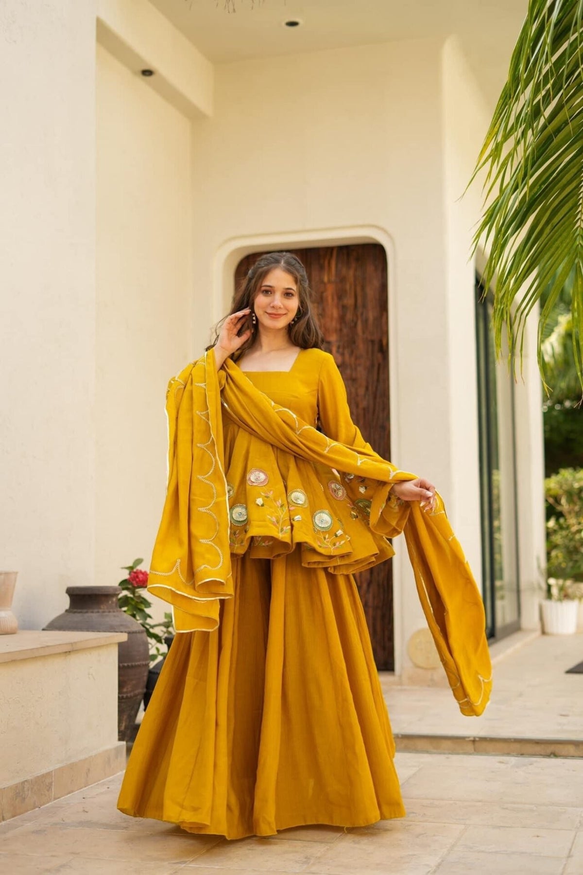 Soft Chinon Hand Patch Gota Work Palazzo Suit Set