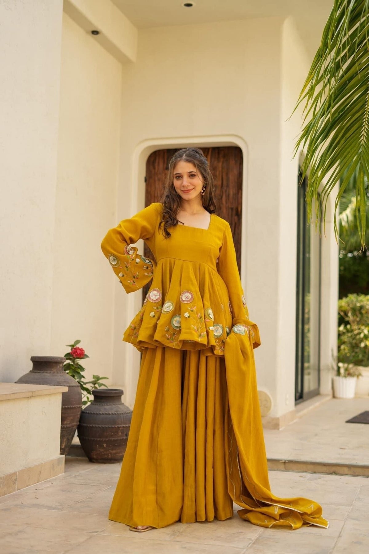 Soft Chinon Hand Patch Gota Work Palazzo Suit Set