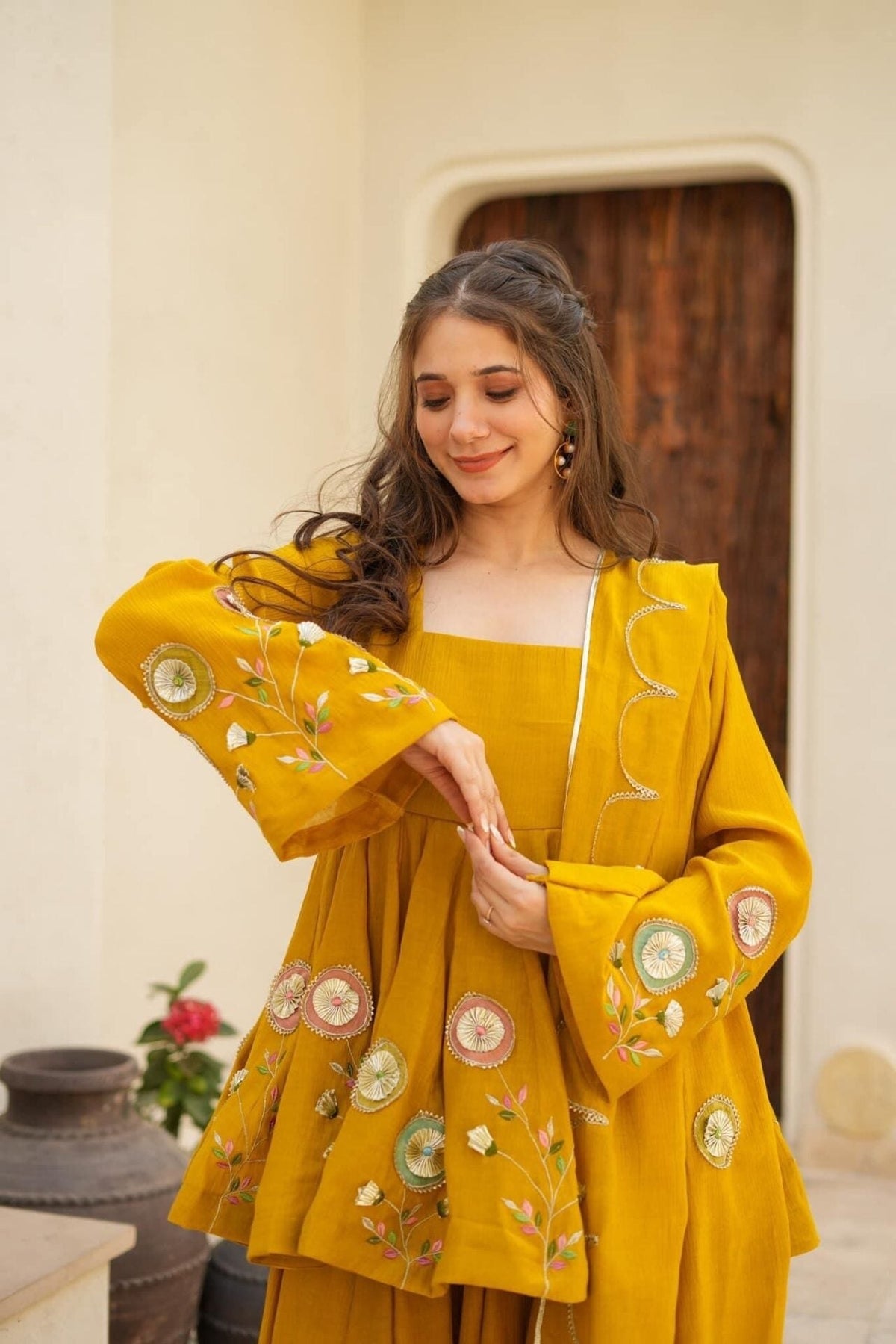 Soft Chinon Hand Patch Gota Work Palazzo Suit Set