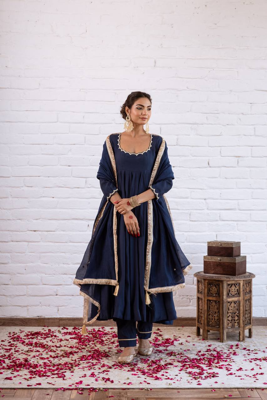 Navy blue Vichitra Silk Beads Work Anarkali Gown Set With Dupatta