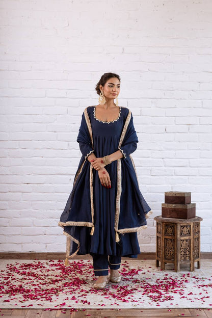 Navy blue Vichitra Silk Beads Work Anarkali Gown Set With Dupatta