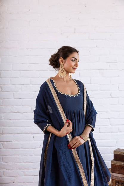 Navy blue Vichitra Silk Beads Work Anarkali Gown Set With Dupatta
