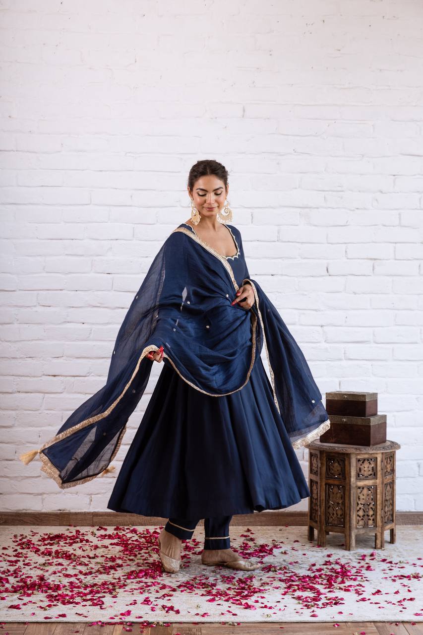 Navy blue Vichitra Silk Beads Work Anarkali Gown Set With Dupatta