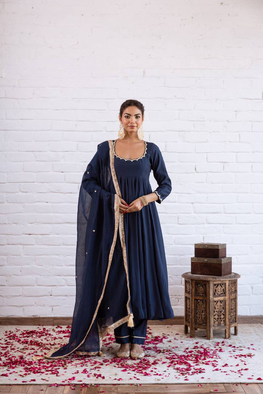 Navy blue Vichitra Silk Beads Work Anarkali Gown Set With Dupatta