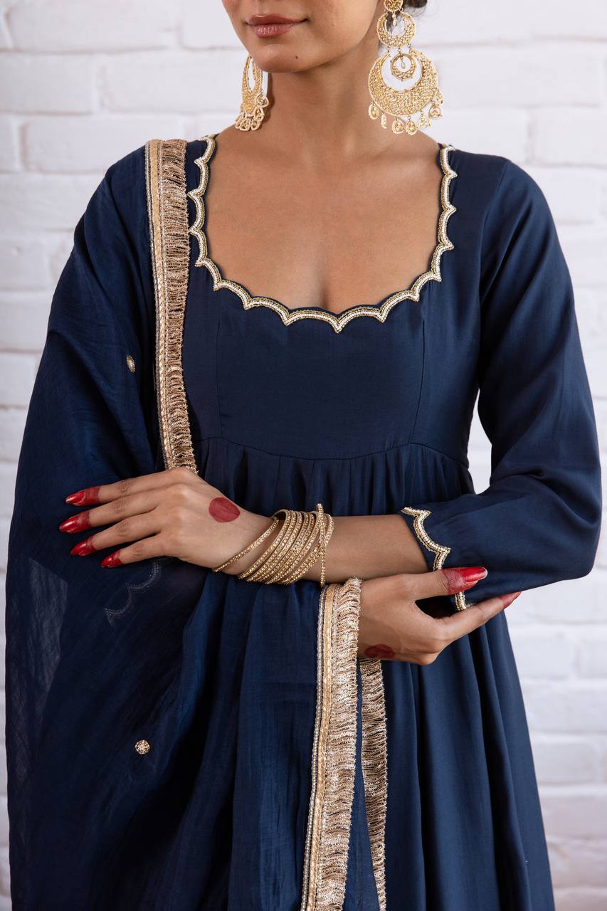 Navy blue Vichitra Silk Beads Work Anarkali Gown Set With Dupatta