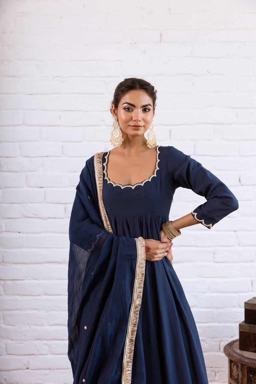 Navy blue Vichitra Silk Beads Work Anarkali Gown Set With Dupatta