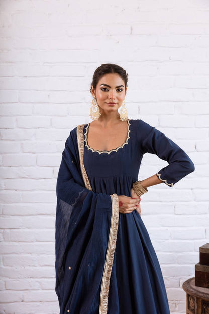 Navy blue Vichitra Silk Beads Work Anarkali Gown Set With Dupatta