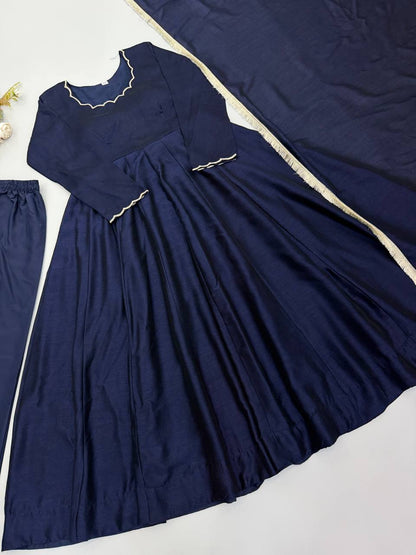 Navy blue Vichitra Silk Beads Work Anarkali Gown Set With Dupatta