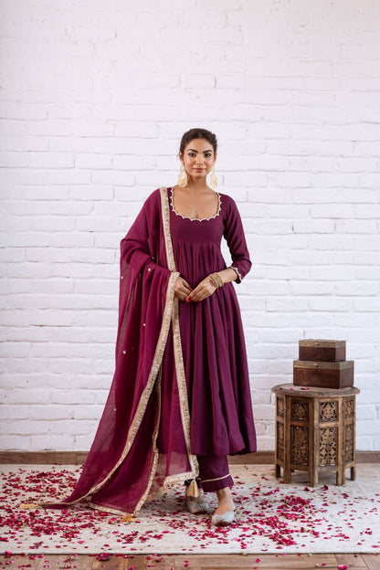 Deep wine Vichitra Silk Beads Work Anarkali Gown Set With Dupatta