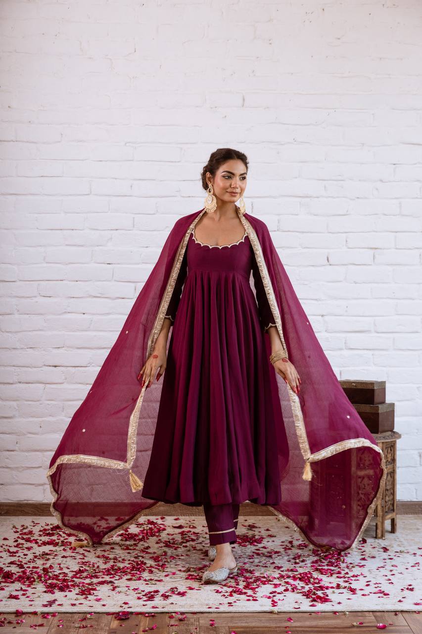Deep wine Vichitra Silk Beads Work Anarkali Gown Set With Dupatta