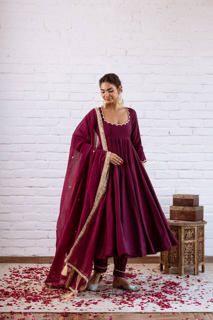 Deep wine Vichitra Silk Beads Work Anarkali Gown Set With Dupatta