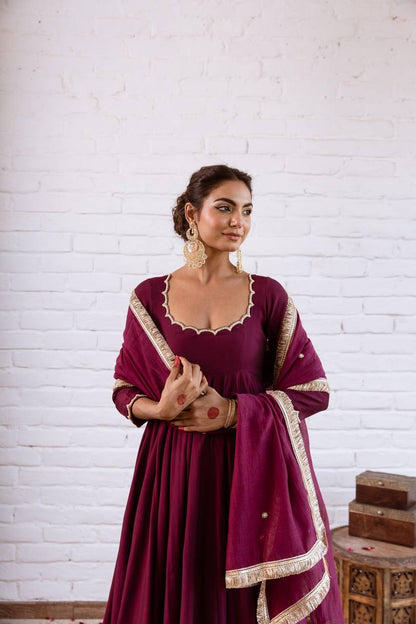 Deep wine Vichitra Silk Beads Work Anarkali Gown Set With Dupatta
