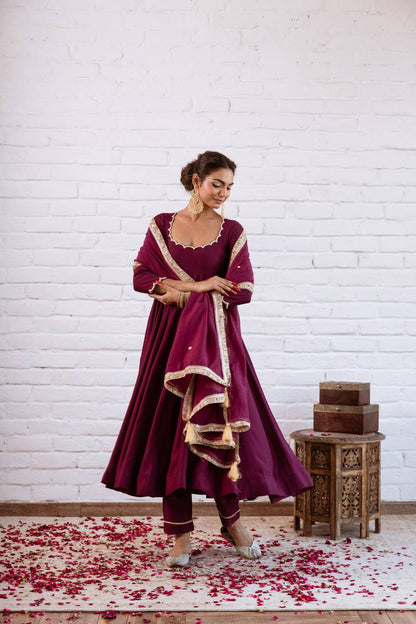 Deep wine Vichitra Silk Beads Work Anarkali Gown Set With Dupatta