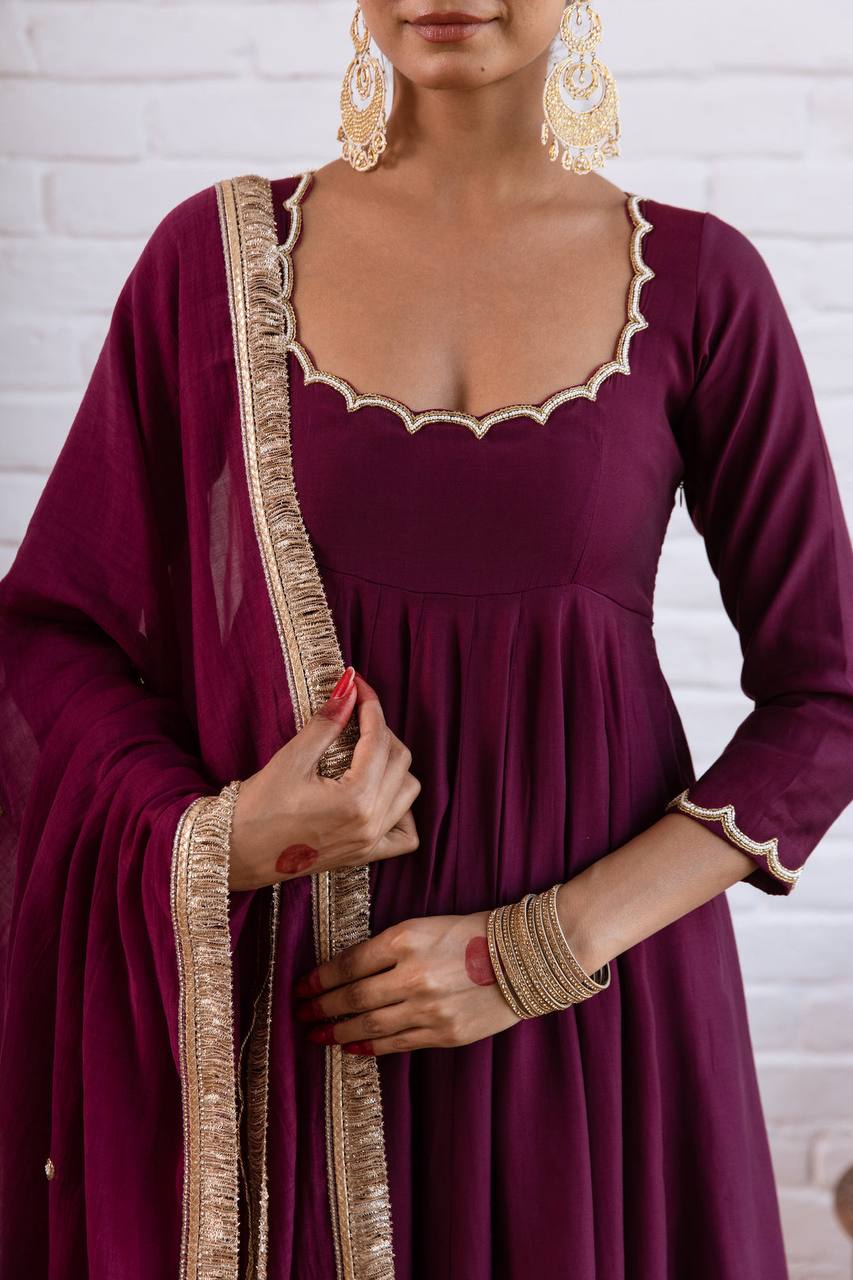 Deep wine Vichitra Silk Beads Work Anarkali Gown Set With Dupatta