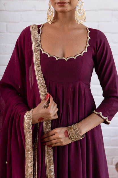 Deep wine Vichitra Silk Beads Work Anarkali Gown Set With Dupatta