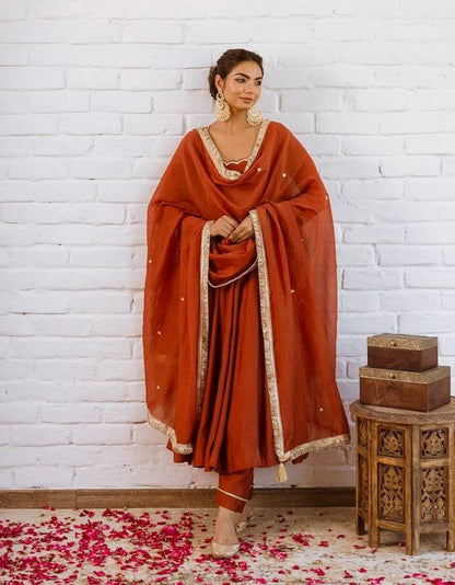 Burnt Orange Vichitra Silk Beads Work Anarkali Gown Set With Dupatta