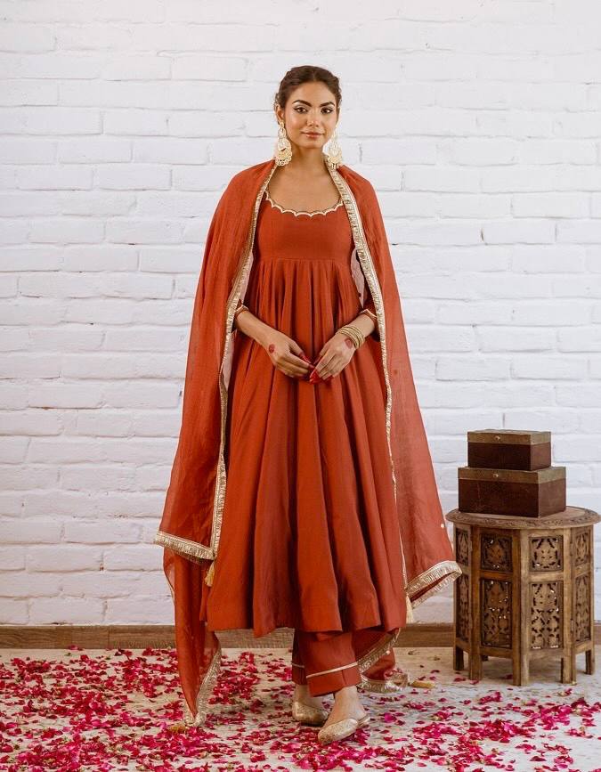 Burnt Orange Vichitra Silk Beads Work Anarkali Gown Set With Dupatta