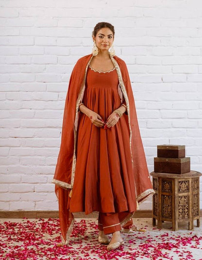 Burnt Orange Vichitra Silk Beads Work Anarkali Gown Set With Dupatta