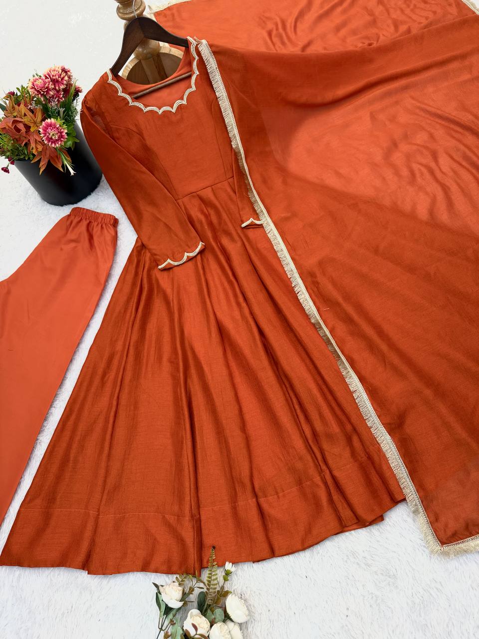 Burnt Orange Vichitra Silk Beads Work Anarkali Gown Set With Dupatta