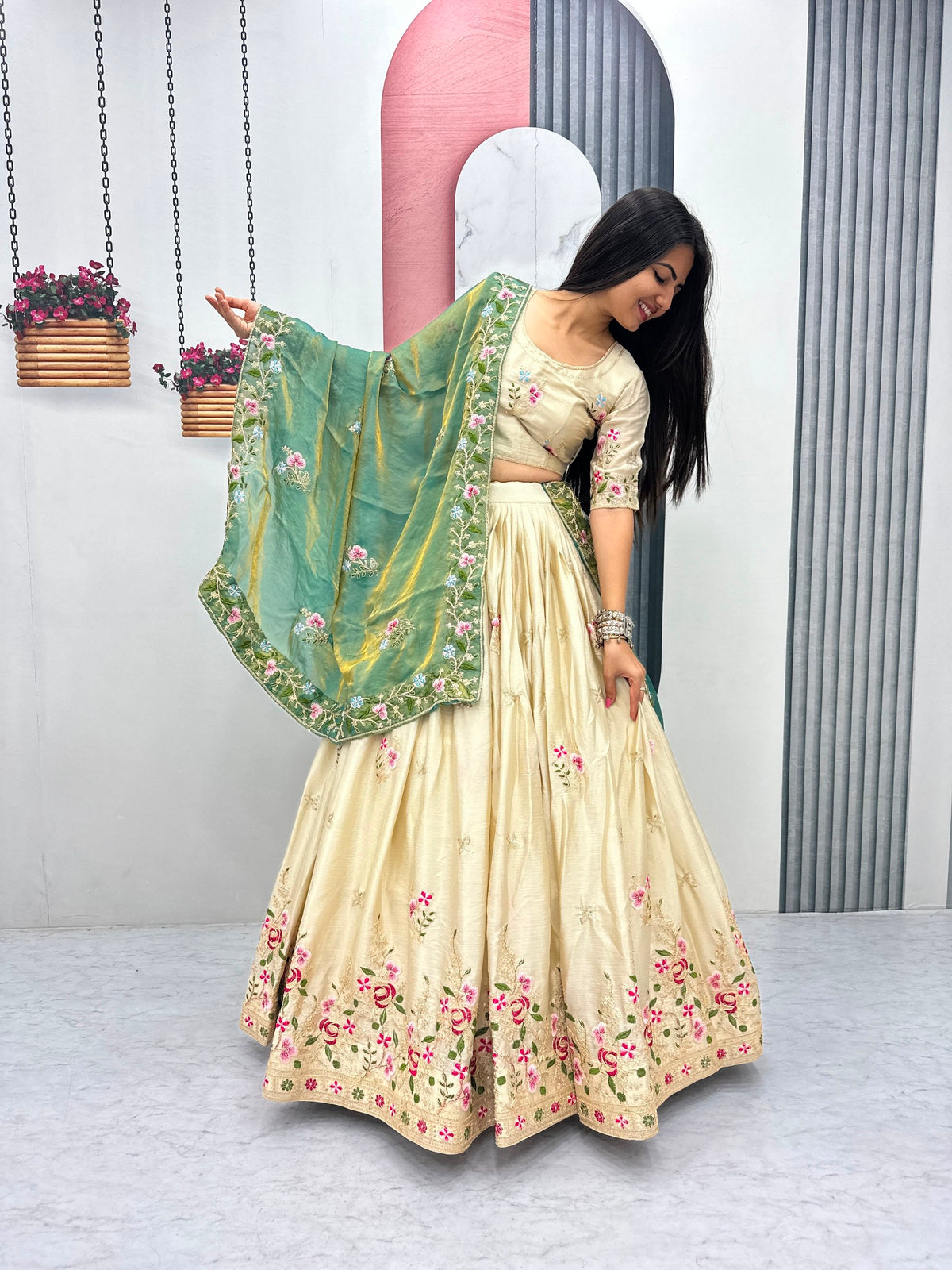 Heavy Embroidered Chinon Festive Lehenga Choli Set