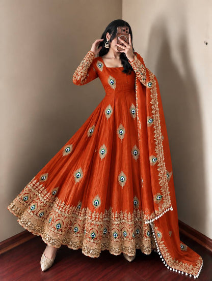 Rust Orange Trending Designer Fendy Silk Gown With Heavy Sequence Embroidery Dupatta