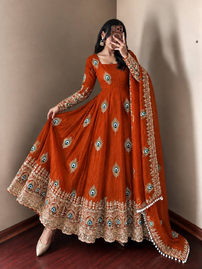 Rust Orange Trending Designer Fendy Silk Gown With Heavy Sequence Embroidery Dupatta