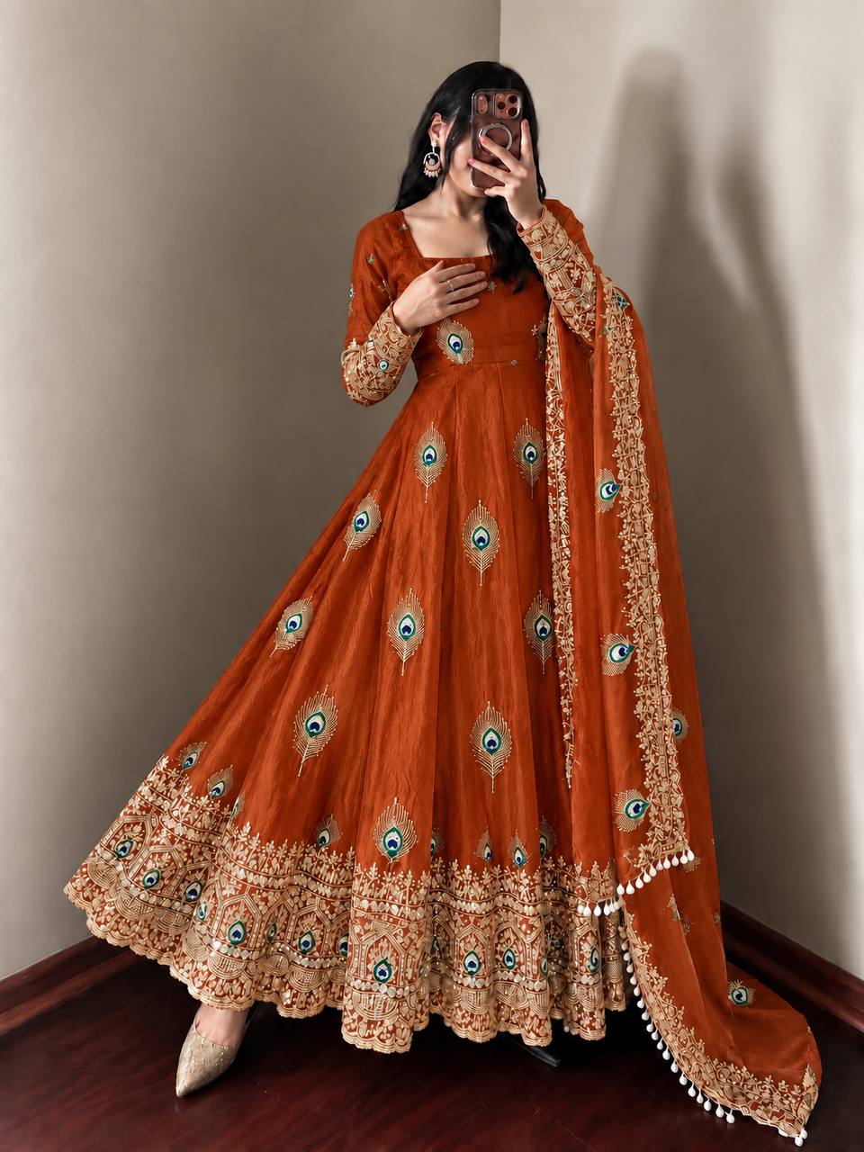 Rust Orange Trending Designer Fendy Silk Gown With Heavy Sequence Embroidery Dupatta