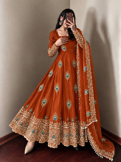 Rust Orange Trending Designer Fendy Silk Gown With Heavy Sequence Embroidery Dupatta