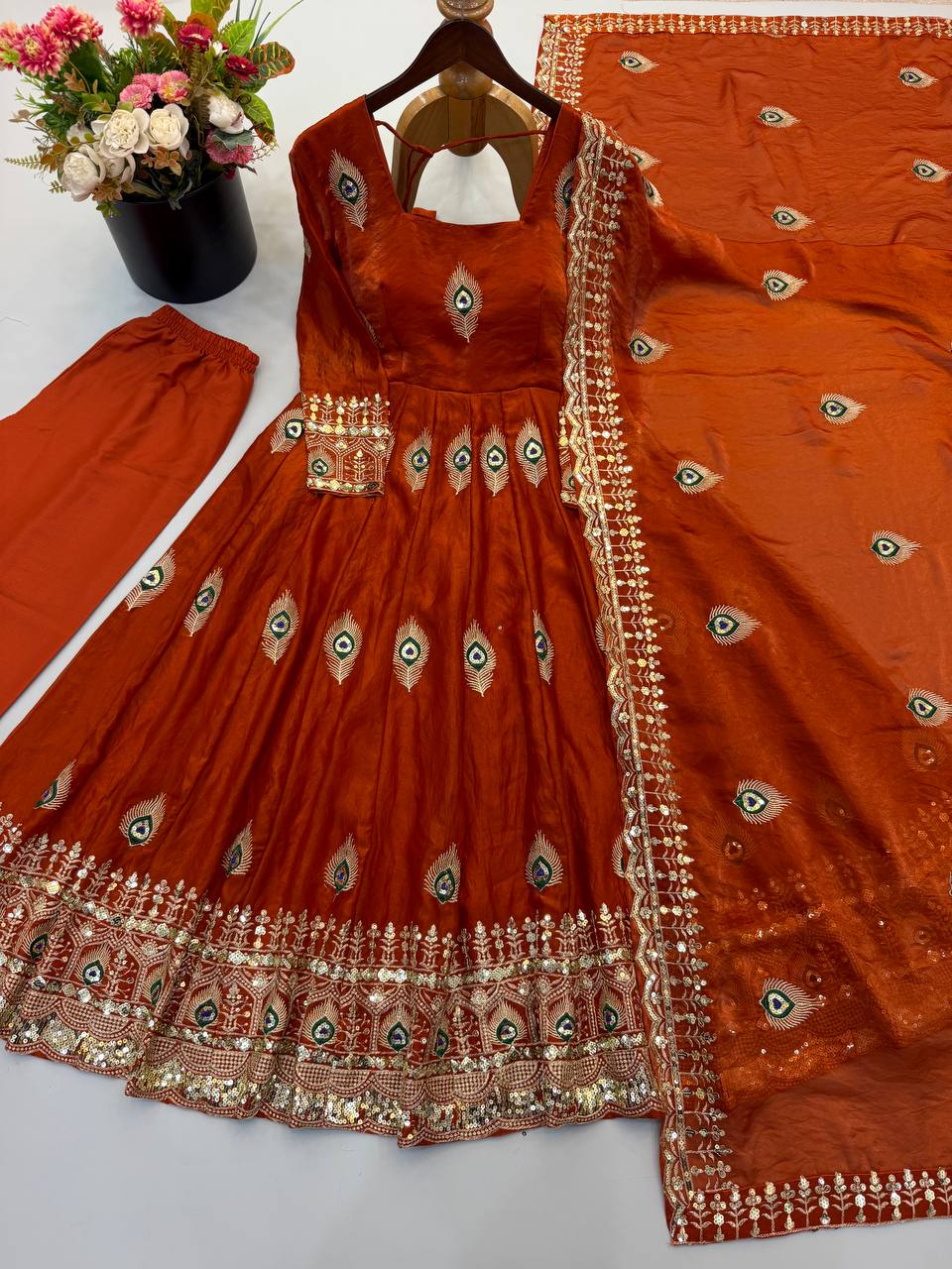Rust Orange Trending Designer Fendy Silk Gown With Heavy Sequence Embroidery Dupatta