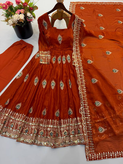 Rust Orange Trending Designer Fendy Silk Gown With Heavy Sequence Embroidery Dupatta