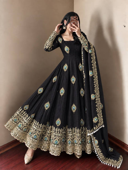 Black Trending Designer Fendy Silk Gown With Heavy Sequence Embroidery Dupatta