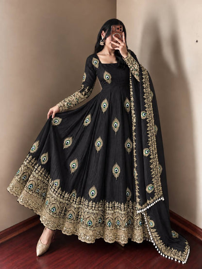 Black Trending Designer Fendy Silk Gown With Heavy Sequence Embroidery Dupatta