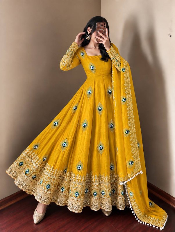 Mustard Yellow Trending Designer Fendy Silk Gown With Heavy Sequence Embroidery Dupatta