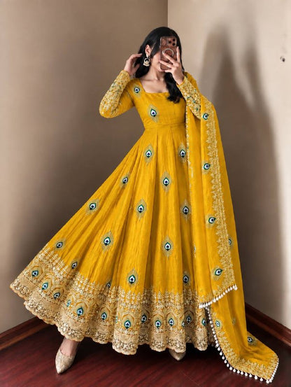 Mustard Yellow Trending Designer Fendy Silk Gown With Heavy Sequence Embroidery Dupatta