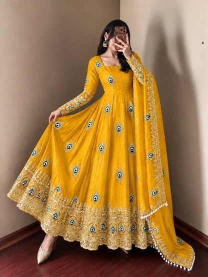 Mustard Yellow Trending Designer Fendy Silk Gown With Heavy Sequence Embroidery Dupatta