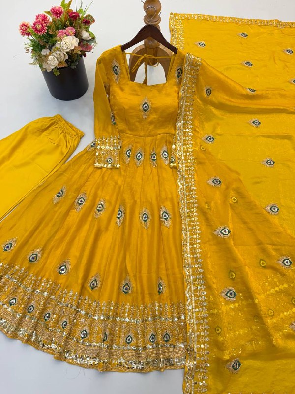 Mustard Yellow Trending Designer Fendy Silk Gown With Heavy Sequence Embroidery Dupatta