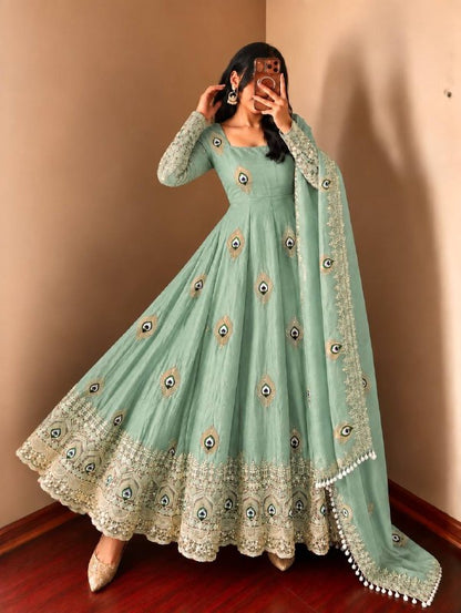 Mint Trending Designer Fendy Silk Gown With Heavy Sequence Embroidery Dupatta